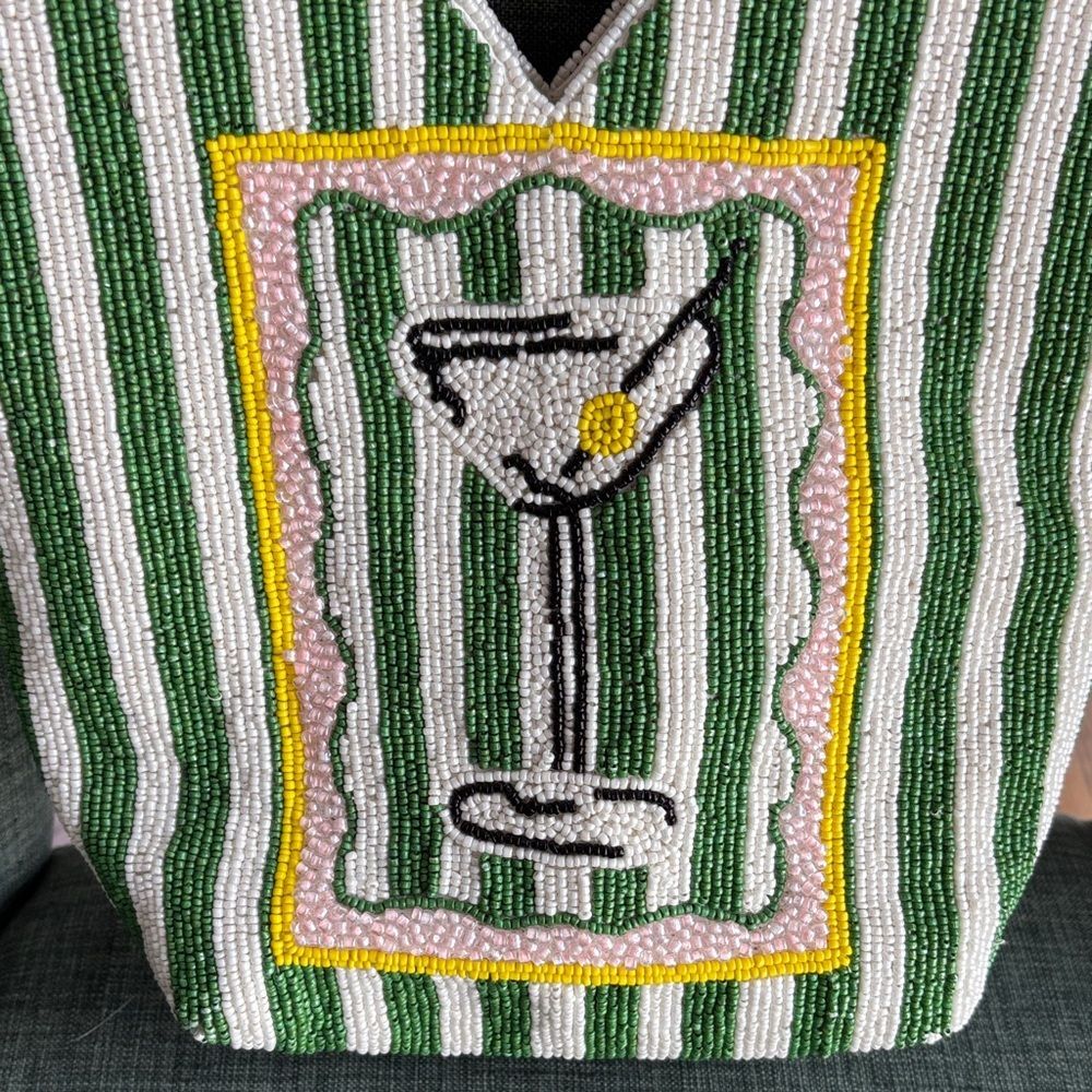 Beaded Martini Green White purse Tote Bag handle bag Vacation Women’s NWT preppy - Picture 3 of 10